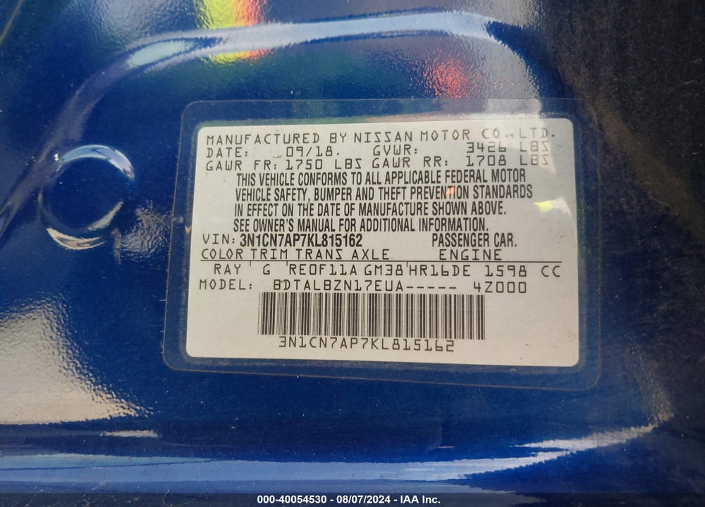 2019 NISSAN VERSA 1.6 SV VIN: 3N1CN7AP7KL815162