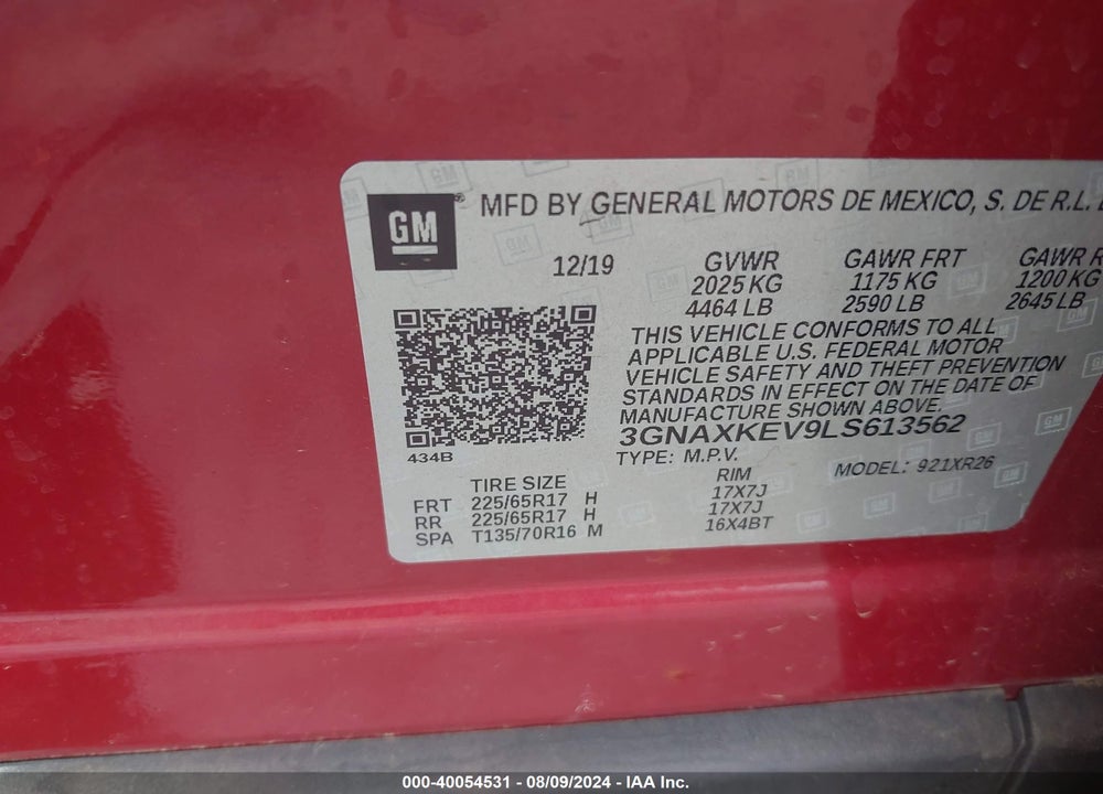 2020 CHEVROLET EQUINOX FWD LT 1.5L TURBO VIN: 3GNAXKEV9LS613562