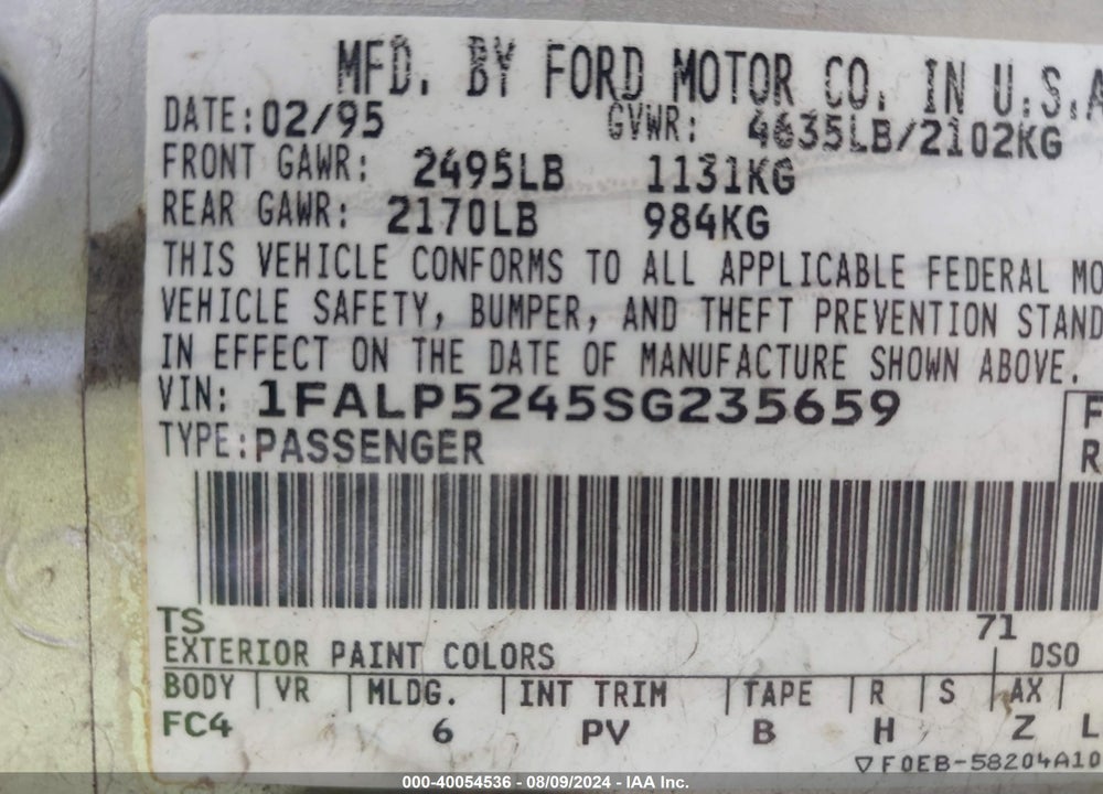 1995 FORD TAURUS GL/SE VIN: 1FALP5245SG235659