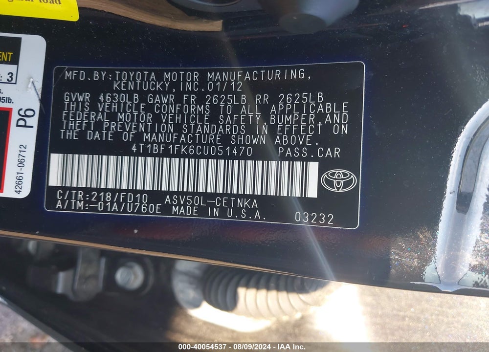 2012 TOYOTA CAMRY LE VIN: 4T1BF1FK6CU051470