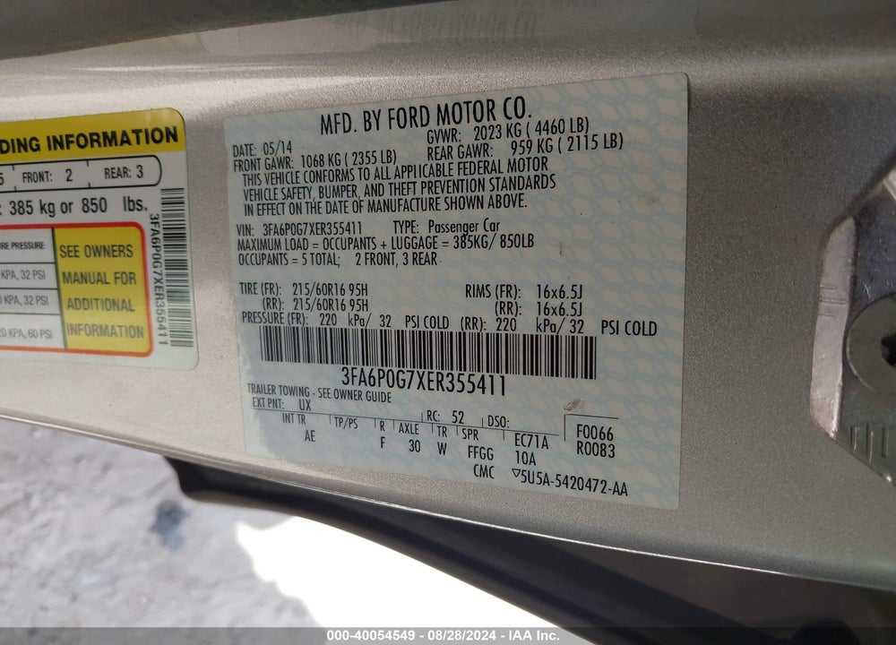 2014 FORD FUSION S VIN: 3FA6P0G7XER355411