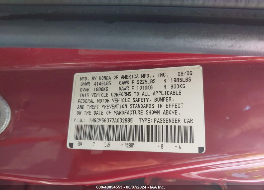 2007 HONDA ACCORD 2.4 SE VIN: 1HGCM56377A032885