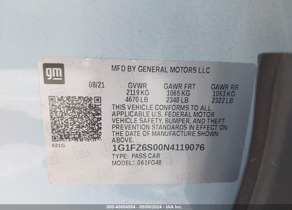 2022 CHEVROLET BOLT EUV FWD PREMIER VIN: 1G1FZ6S00N4119076