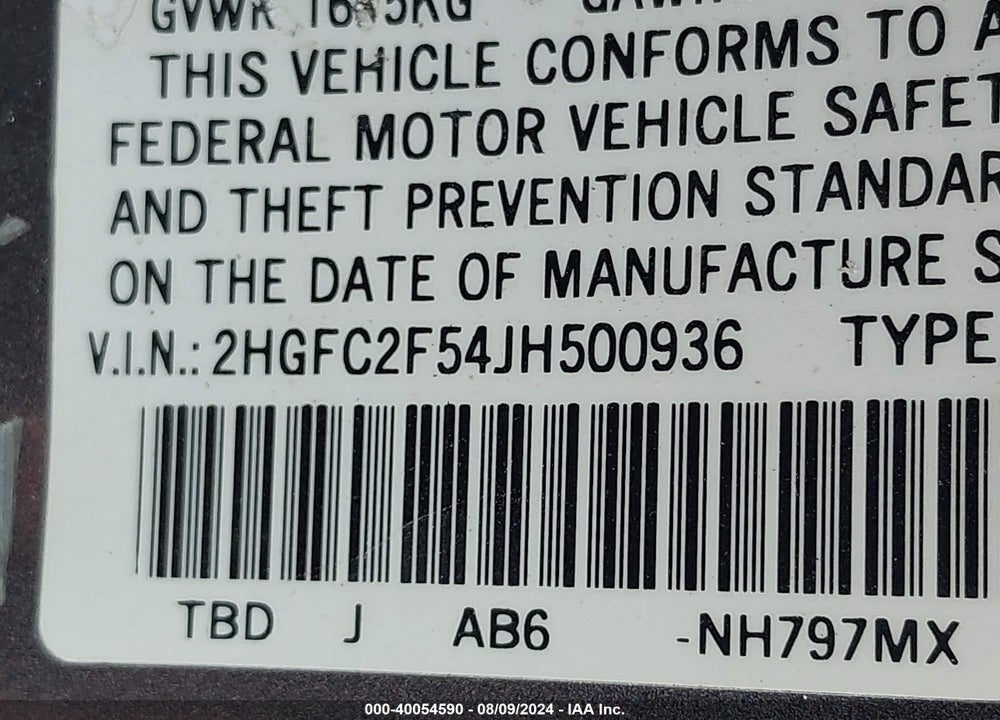 2018 HONDA CIVIC LX VIN: 2HGFC2F54JH500936