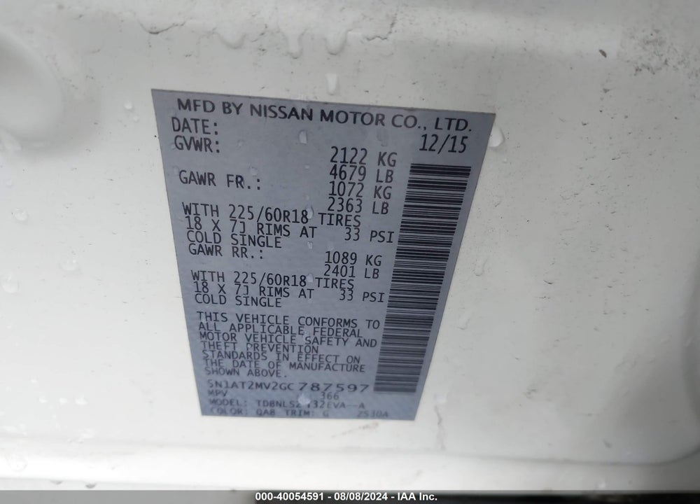 2016 NISSAN ROGUE SL VIN: 5N1AT2MV2GC787597