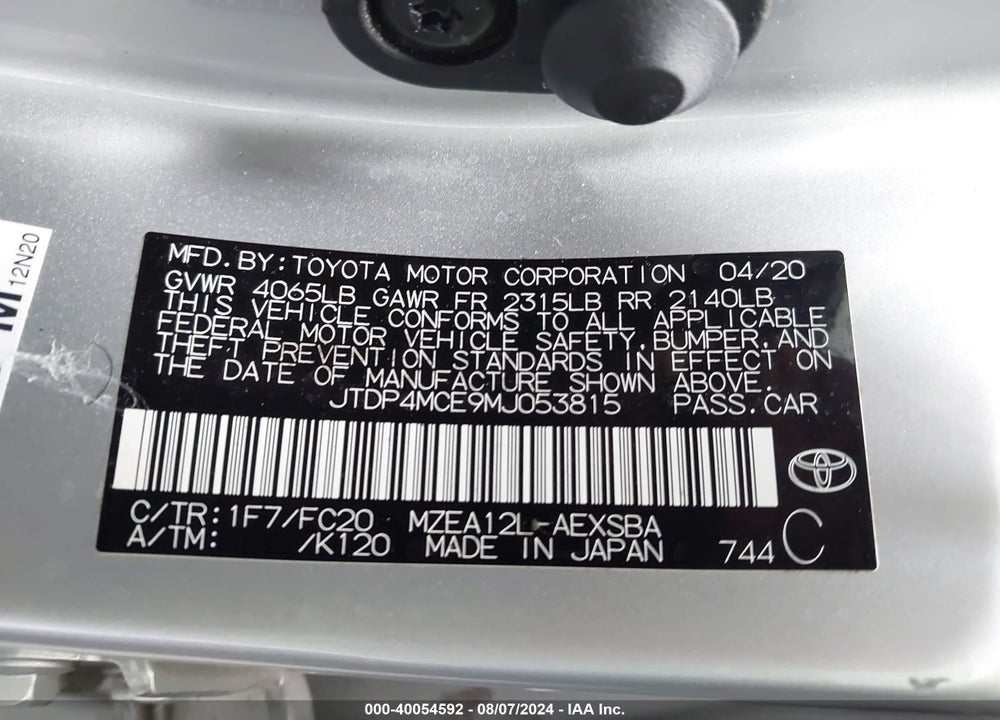 2021 TOYOTA COROLLA SE VIN: JTDP4MCE9MJ053815