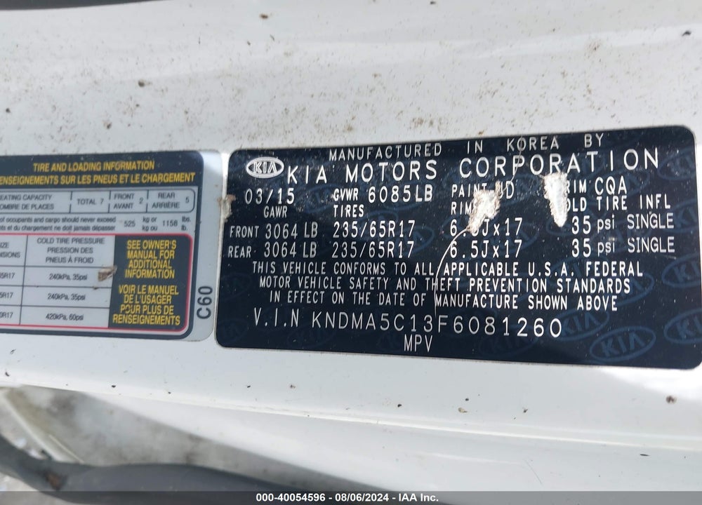 2015 KIA SEDONA L VIN: KNDMA5C13F6081260