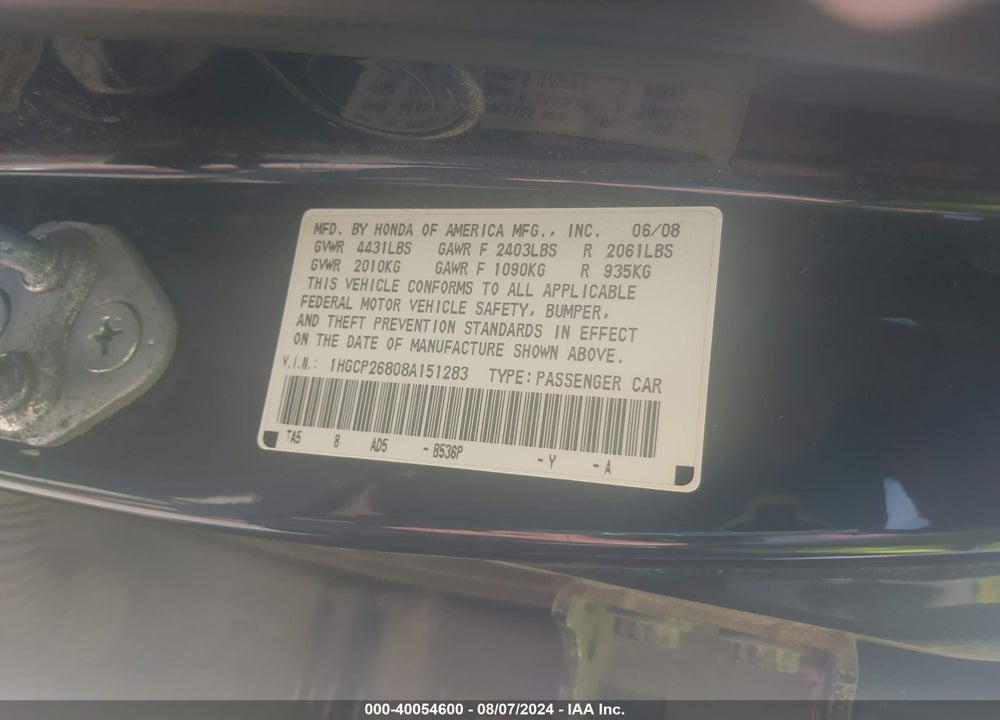 2008 HONDA ACCORD 2.4 EX-L VIN: 1HGCP26808A151283