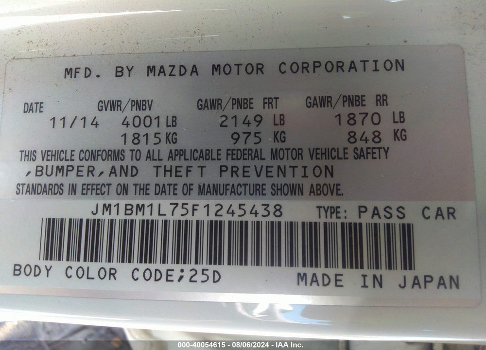 2015 MAZDA 3 TOURING VIN: JM1BM1L75F1245438