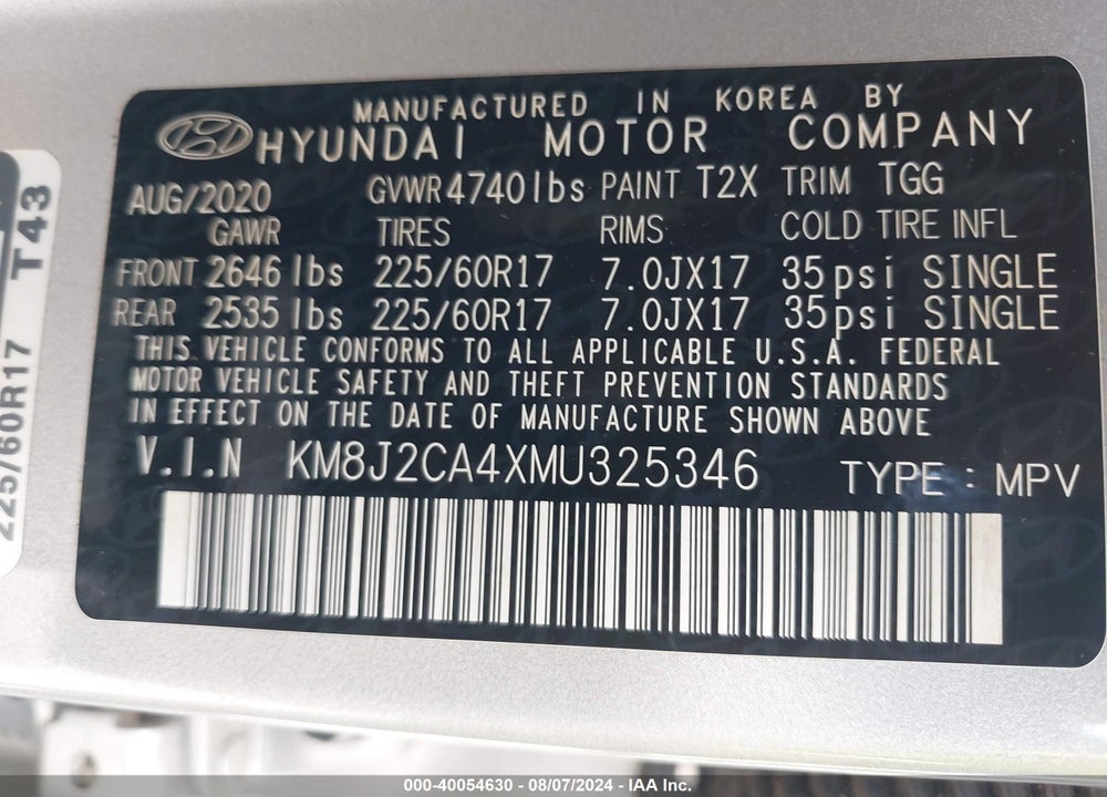 2021 HYUNDAI TUCSON SE VIN: KM8J2CA4XMU325346