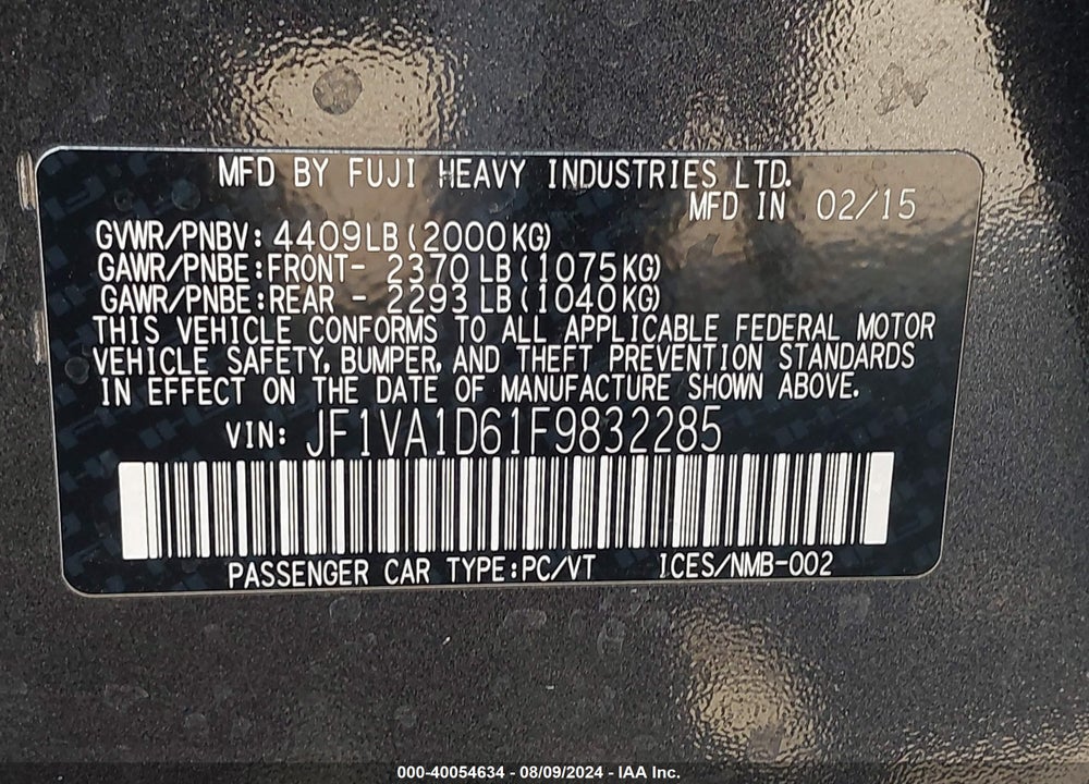 2015 SUBARU WRX PREMIUM VIN: JF1VA1D61F9832285