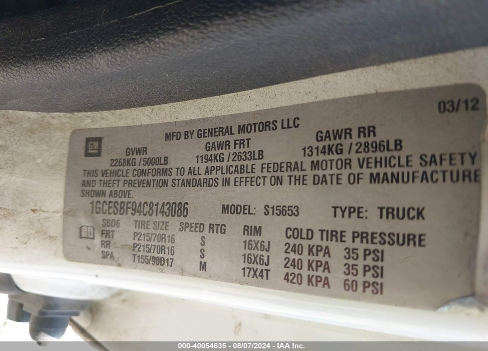 2012 CHEVROLET COLORADO VIN: 1GCESBF94C8143086