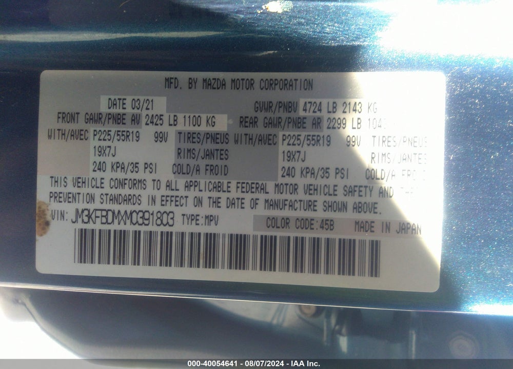 2021 MAZDA CX-5 GRAND TOURING VIN: JM3KFBDMXM0391803