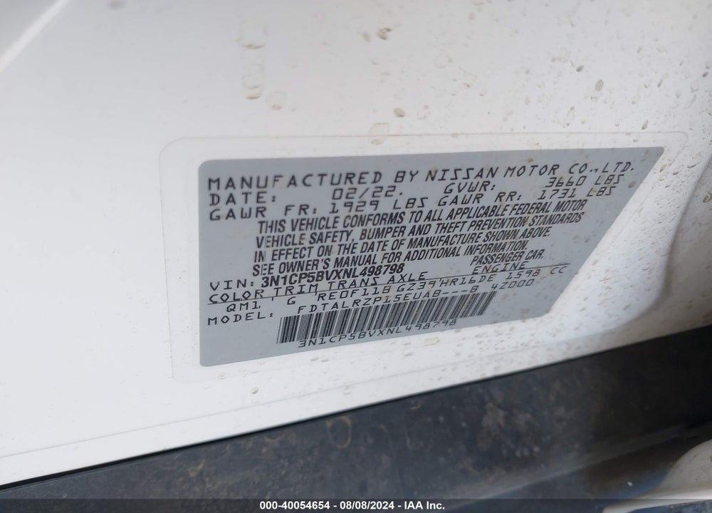 2022 NISSAN KICKS S XTRONIC CVT VIN: 3N1CP5BVXNL498798