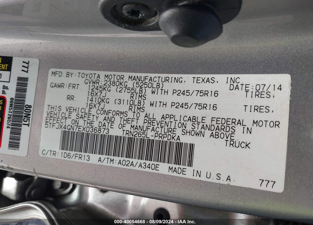 2014 TOYOTA TACOMA PRERUNNER VIN: 5TFJX4GN7EX036873