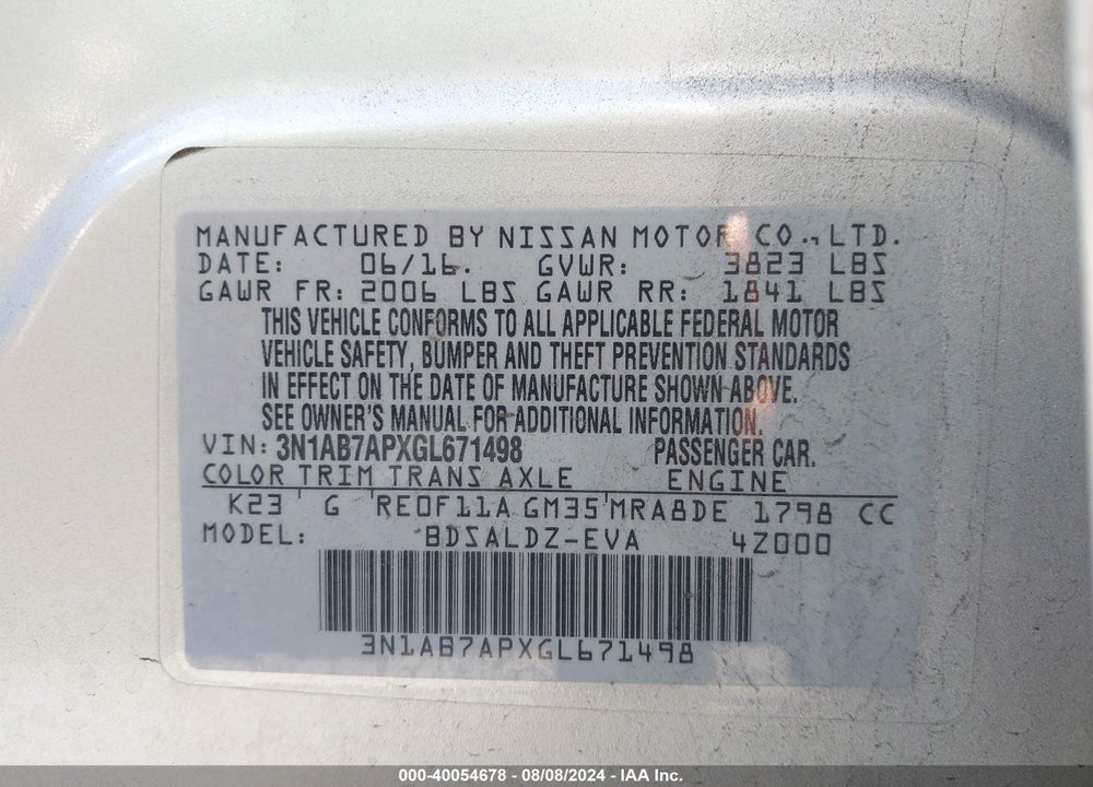 2016 NISSAN SENTRA VIN: 3N1AB7APXGL671498