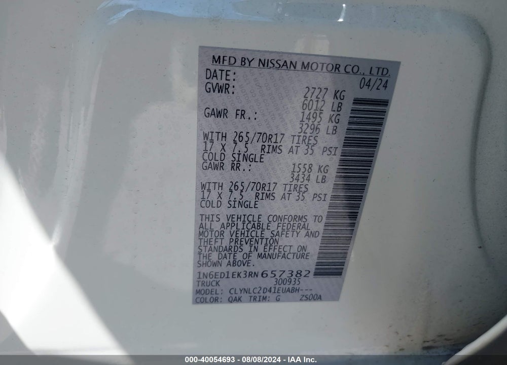 2024 NISSAN FRONTIER SV 4X4 VIN: 1N6ED1EK3RN657382