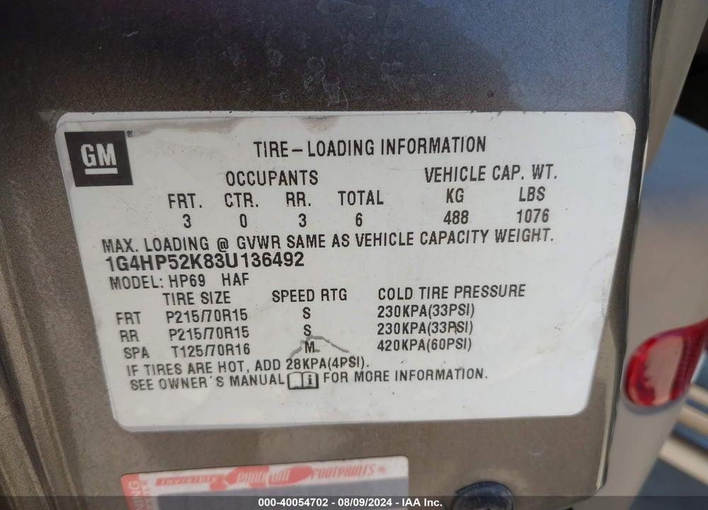 2003 BUICK LESABRE CUSTOM VIN: 1G4HP52K83U136492