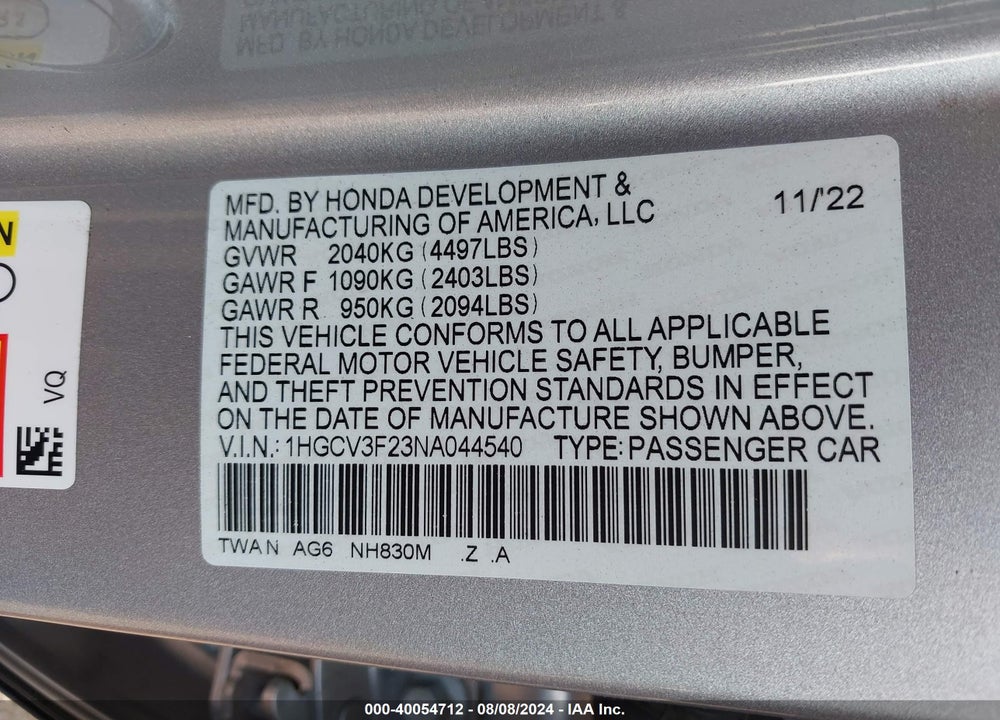 2022 HONDA ACCORD HYBRID SPORT VIN: 1HGCV3F23NA044540