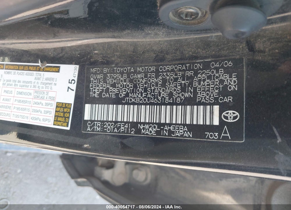 2006 TOYOTA PRIUS VIN: JTDKB20U463184187