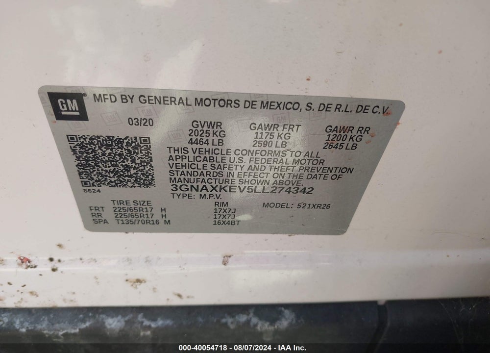 2020 CHEVROLET EQUINOX FWD LT 1.5L TURBO VIN: 3GNAXKEV5LL274342