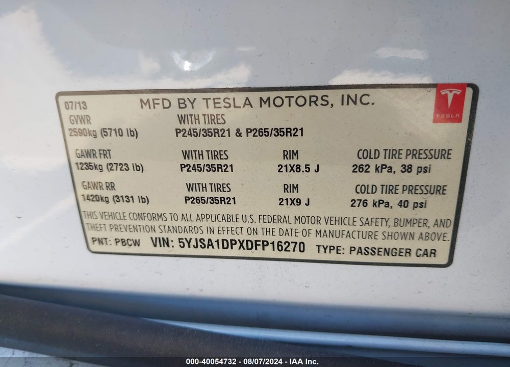 2013 TESLA MODEL S PERFORMANCE VIN: 5YJSA1DPXDFP16270
