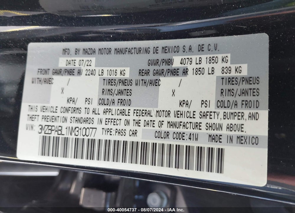 2022 MAZDA 3 SELECT VIN: 3MZBPABL1NM310077