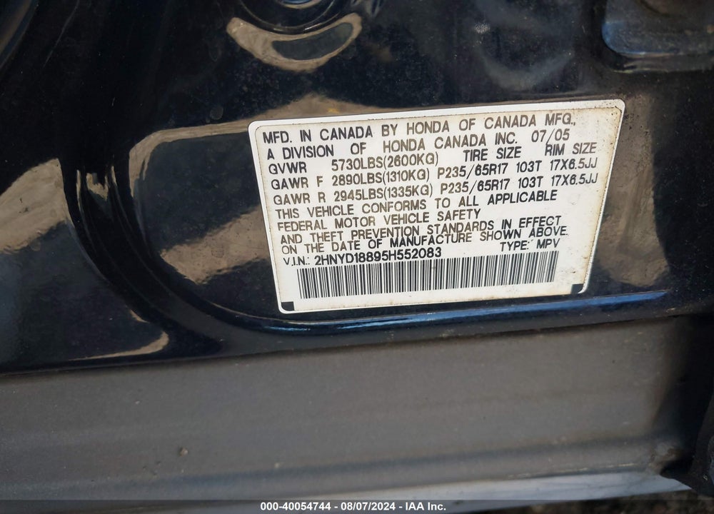 2005 ACURA MDX VIN: 2HNYD18895H552083