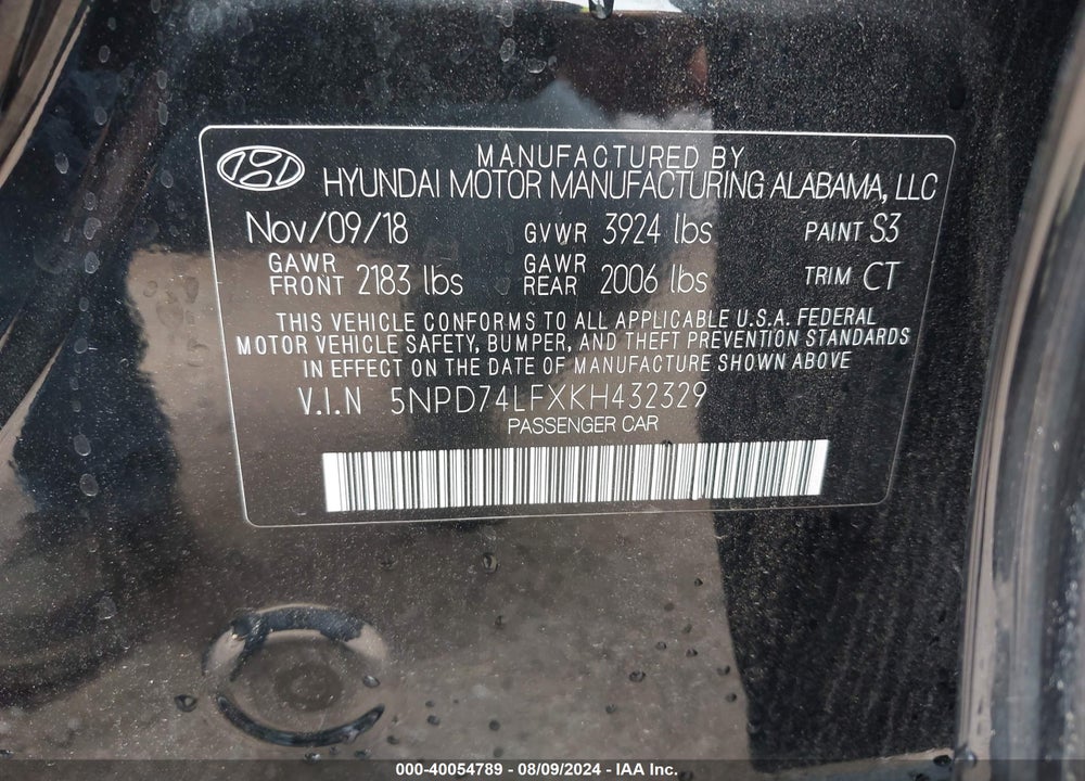 2019 HYUNDAI ELANTRA SE VIN: 5NPD74LFXKH432329