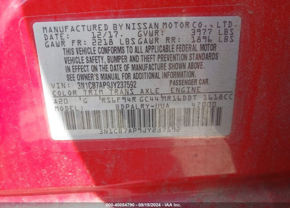 2018 NISSAN SENTRA SR TURBO VIN: 3N1CB7AP9JY237592