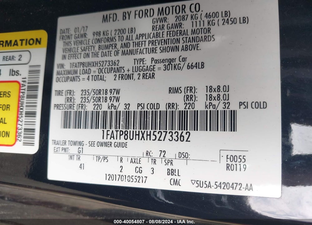 2017 FORD MUSTANG ECOBOOST PREMIUM VIN: 1FATP8UHXH5273362