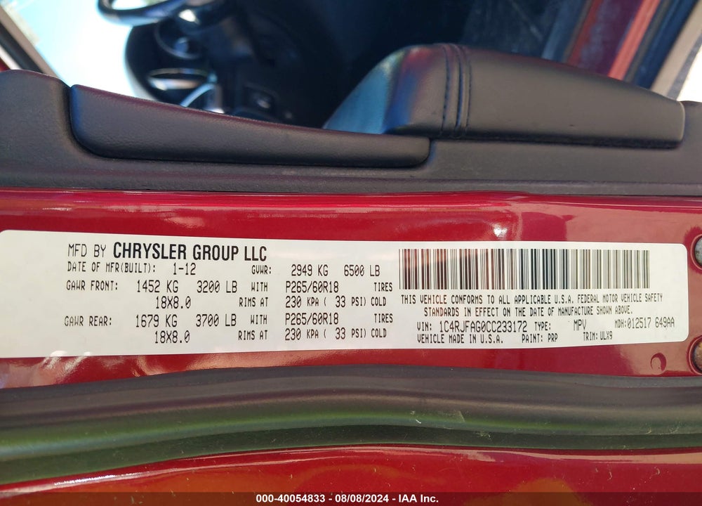 2012 JEEP GRAND CHEROKEE LAREDO VIN: 1C4RJFAG0CC233172