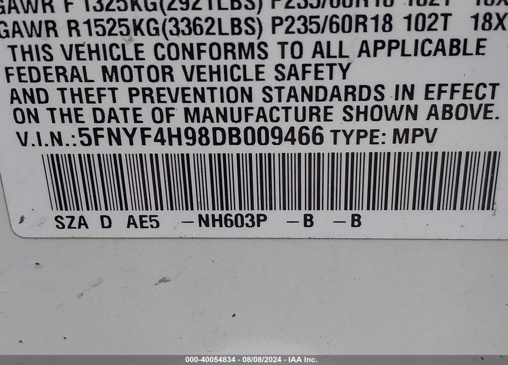 2013 HONDA PILOT TOURING VIN: 5FNYF4H98DB009466