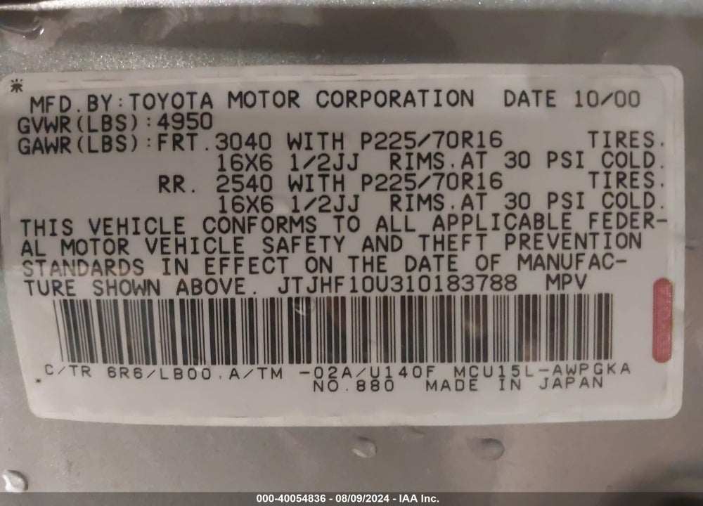 2001 LEXUS RX 300 VIN: JTJHF10U310183788