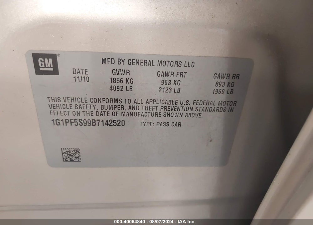 2011 CHEVROLET CRUZE 1LT VIN: 1G1PF5S99B7142520