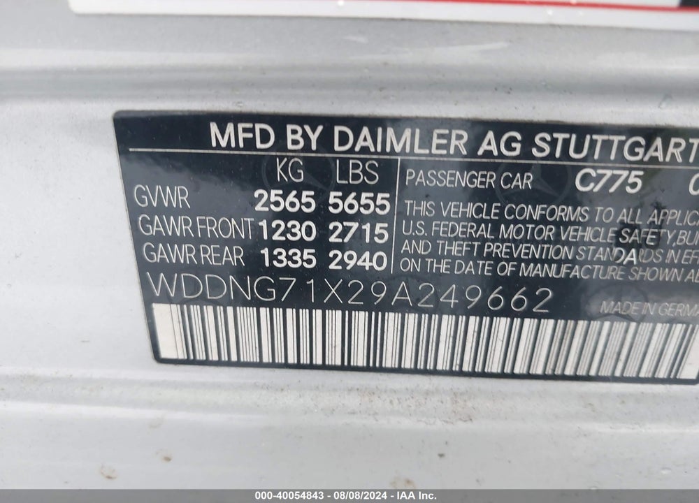 2009 MERCEDES-BENZ S 550 VIN: WDDNG71X29A249662