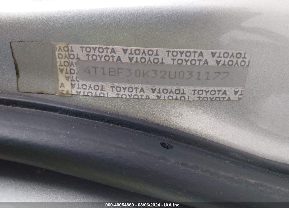 2002 TOYOTA CAMRY XLE V6 VIN: 4T1BF30K32U031177