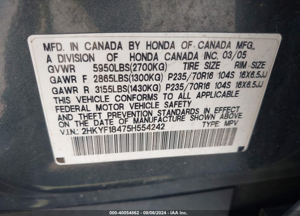 2005 HONDA PILOT EX VIN: 2HKYF18475H554242