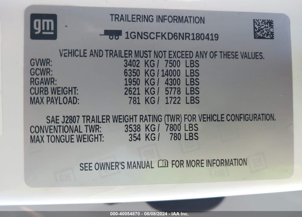2022 CHEVROLET SUBURBAN 2WD PREMIER VIN: 1GNSCFKD6NR180419