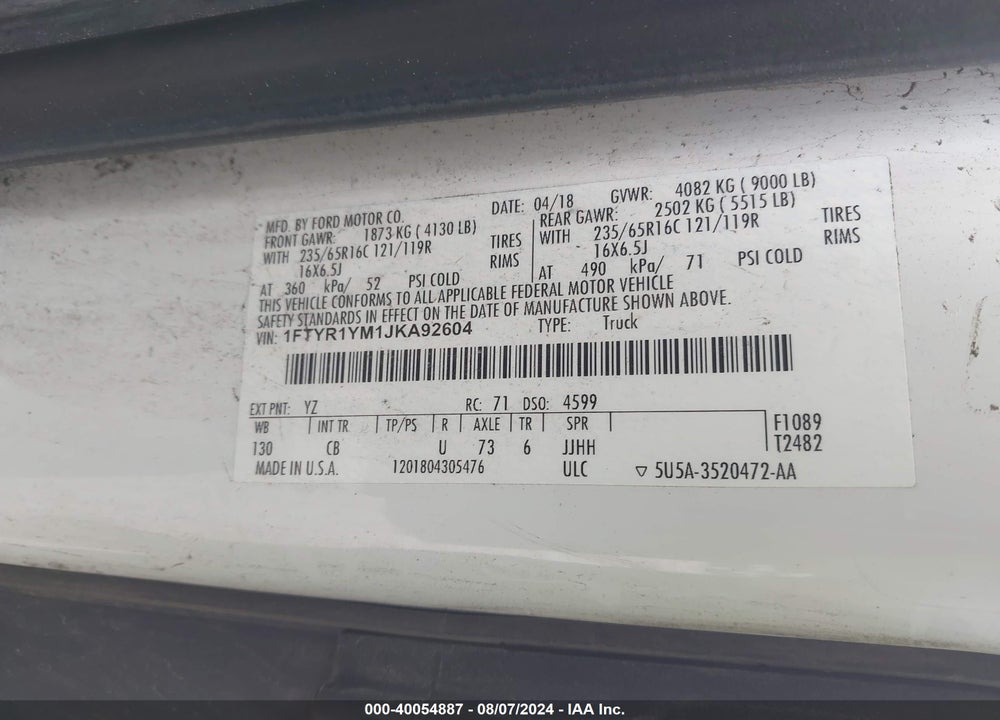 2018 FORD TRANSIT-250 VIN: 1FTYR1YM1JKA92604