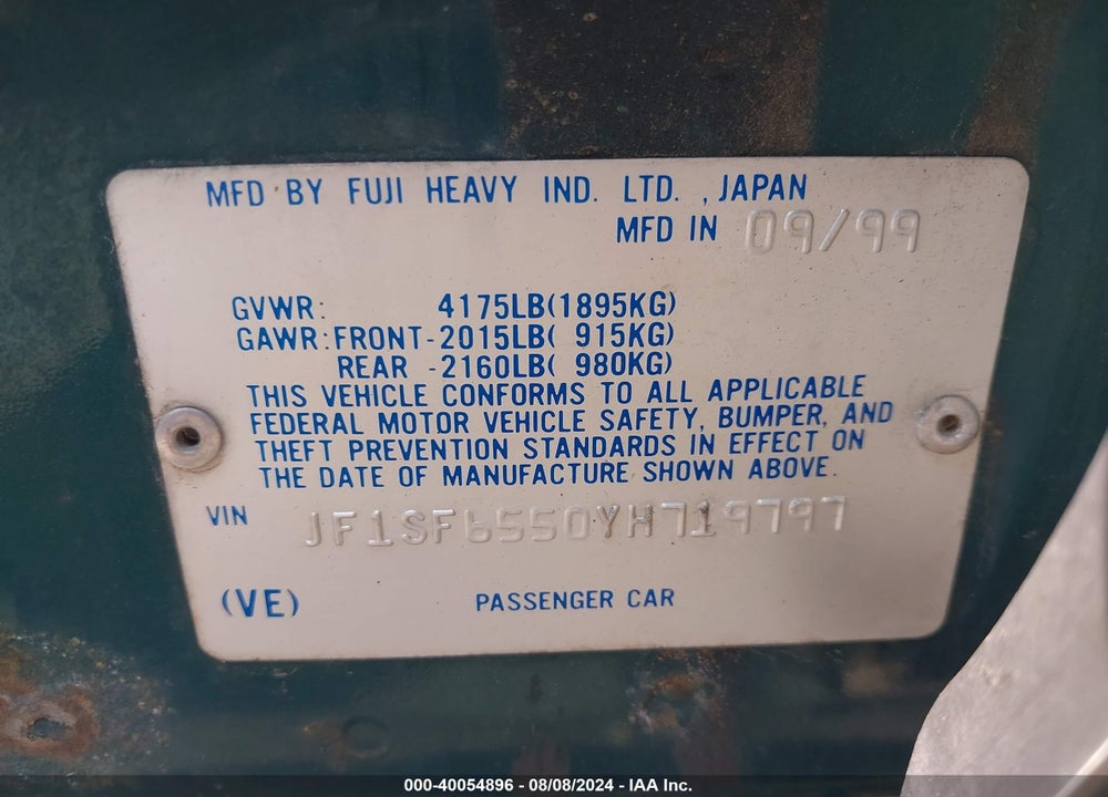 2000 SUBARU FORESTER S VIN: JF1SF6550YH719797