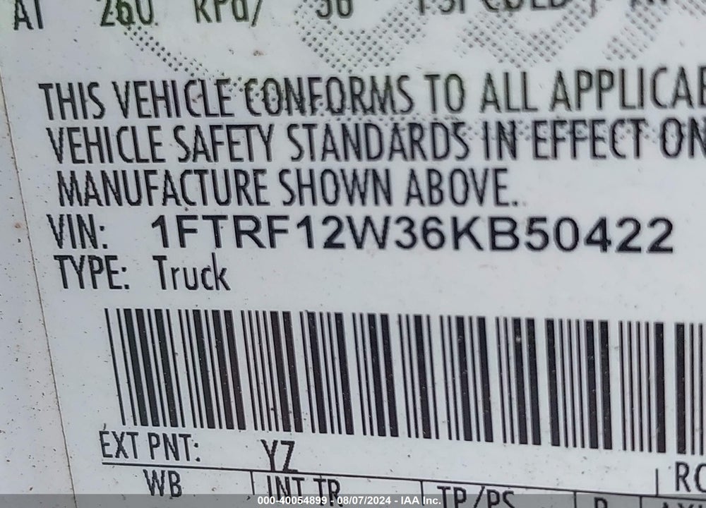 2006 FORD F-150 STX/XL/XLT VIN: 1FTRF12W36KB50422