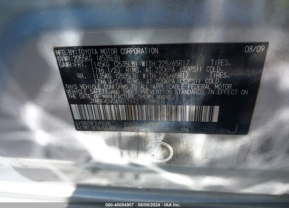 2010 TOYOTA RAV4 VIN: JTMBF4DV0A5017843