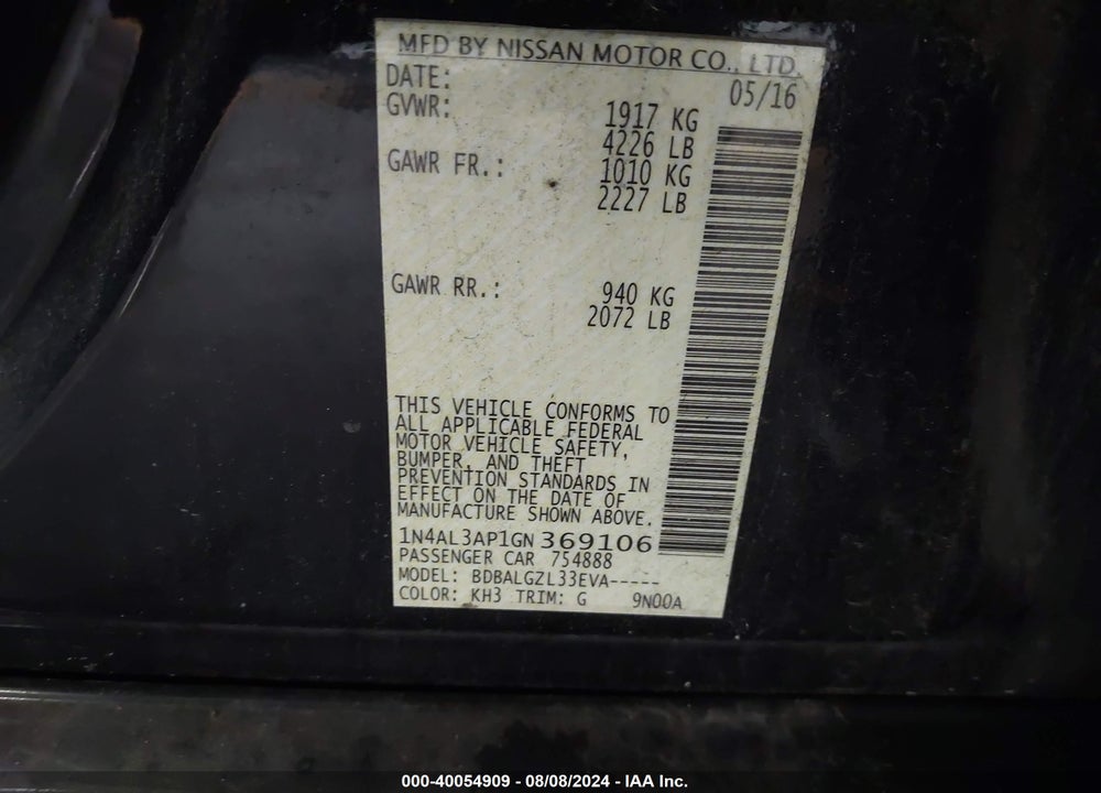 2016 NISSAN ALTIMA 2.5/2.5 S/2.5 SL/2.5 SR/2.5 SV VIN: 1N4AL3AP1GN369106