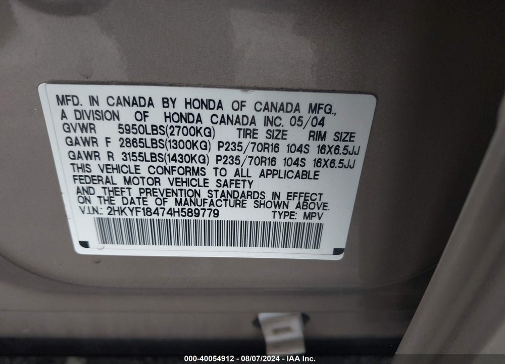 2004 HONDA PILOT EX VIN: 2HKYF18474H589779