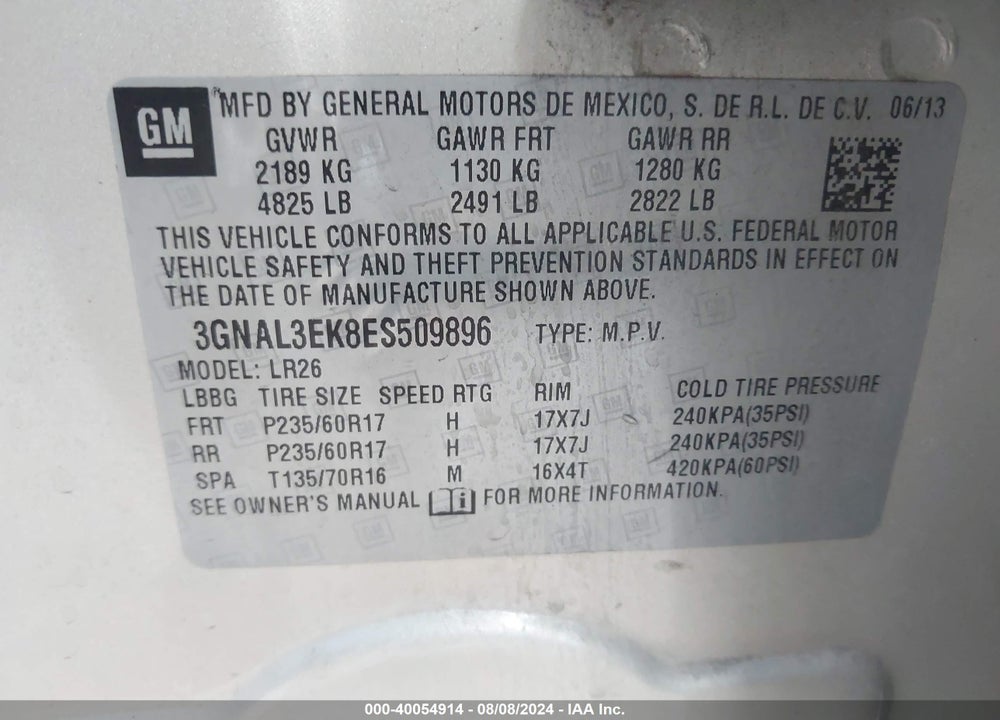 2014 CHEVROLET CAPTIVA LT VIN: 3GNAL3EK8ES509896
