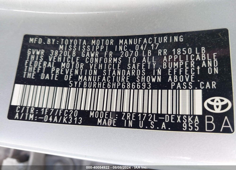 2017 TOYOTA COROLLA SE VIN: 5YFBURHE6HP686693