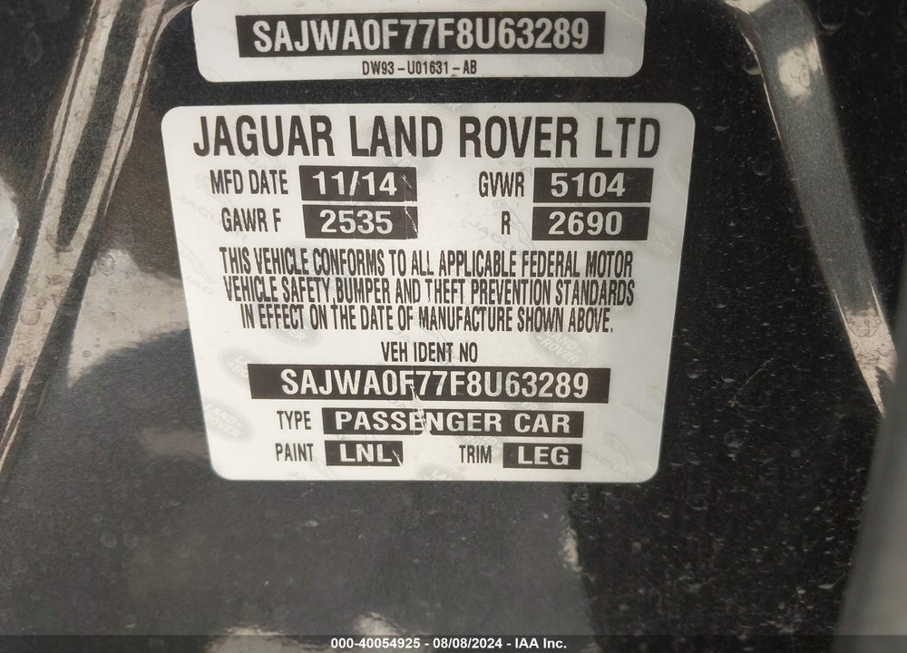 2015 JAGUAR XF 3.0 SPORT VIN: SAJWA0F77F8U63289