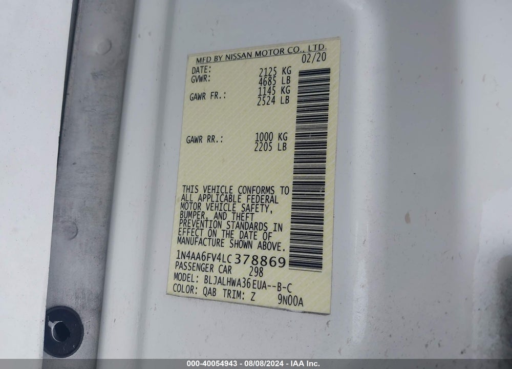 2020 NISSAN MAXIMA PLATINUM XTRONIC CVT VIN: 1N4AA6FV4LC378869