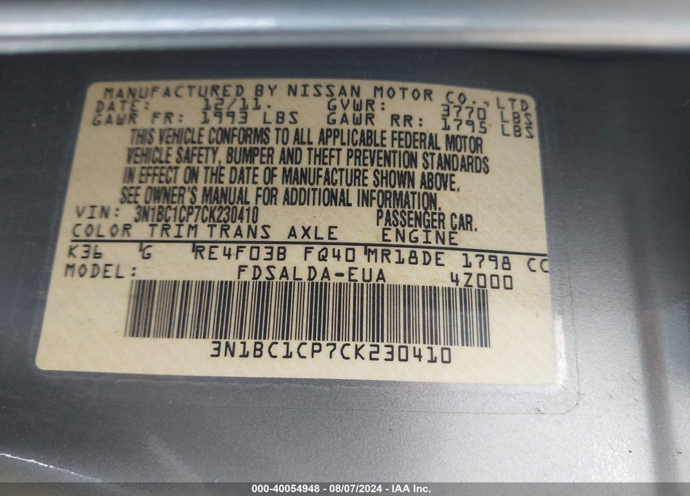 2012 NISSAN VERSA 1.8 S/1.8 SL VIN: 3N1BC1CP7CK230410